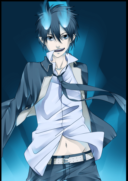 Anime picture 1800x2545 with ao no exorcist a-1 pictures okumura rin n3eko123 single tall image highres short hair open mouth black hair smile aqua eyes pointy ears coloring magic glow boy navel shirt necktie