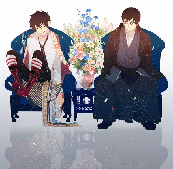 Anime picture 1638x1598 with ao no exorcist a-1 pictures okumura rin okumura yukio okazaki oka short hair brown hair japanese clothes pointy ears reflection lacing siblings clothes on shoulders brothers boy flower (flowers) shirt glasses necktie boots
