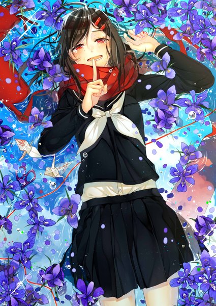 Anime picture 1000x1412 with kagerou project shaft (studio) tateyama ayano yuki (t128) single long hair tall image looking at viewer blush open mouth black hair red eyes lying from above tears finger to mouth crying ophelia's pose girl uniform