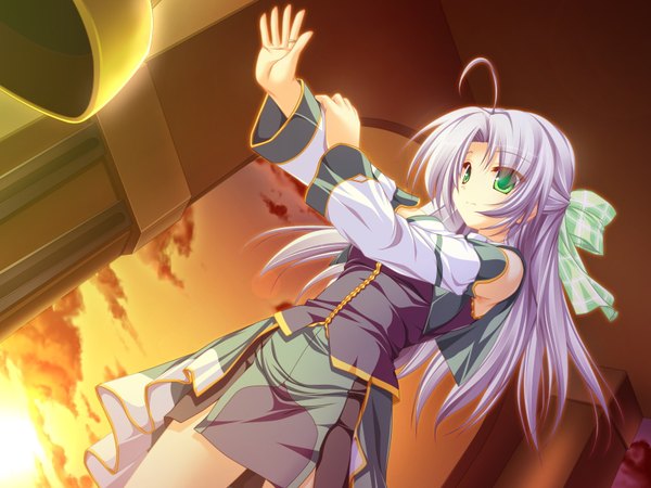 Anime picture 1600x1200 with magus tale whirlpool (studio) alicia infans tenmaso long hair green eyes game cg sky purple hair ahoge evening sunset girl bow hair bow ring