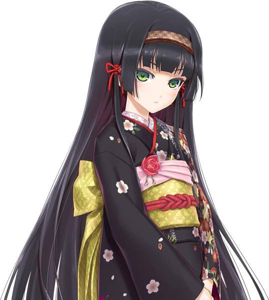 Anime picture 897x1000 with bishoujo mangekyou (game) omega star renge (bishoujo mangekyou) happoubi jin single tall image looking at viewer blush breasts black hair twintails green eyes very long hair traditional clothes japanese clothes shiny skin portrait flat chest transparent background girl
