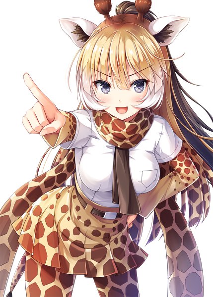 Anime picture 858x1200 with kemono friends reticulated giraffe (kemono friends) akashio (loli ace) single long hair tall image looking at viewer blush fringe open mouth simple background blonde hair hair between eyes brown hair white background animal ears ponytail tail :d animal tail