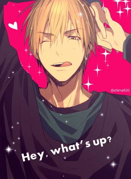 Anime picture 600x817 with kuroko no basket production i.g kise ryouta mashima shima single tall image fringe short hair simple background blonde hair hair between eyes signed yellow eyes upper body one eye closed sparkle piercing text ear piercing pink background