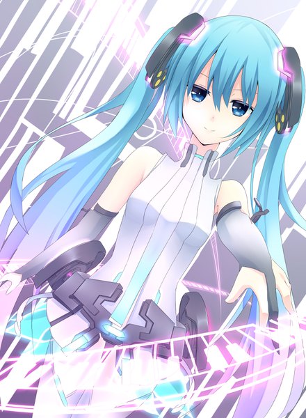 Anime picture 2598x3543 with vocaloid vocaloid append hatsune miku hatsune miku (append) makadamia single tall image looking at viewer fringe highres blue eyes smile hair between eyes twintails bare shoulders blue hair very long hair dutch angle outstretched arm mecha musume