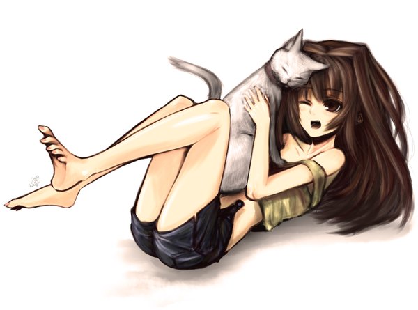 Anime picture 3000x2228 with original kotoba noriaki single long hair highres open mouth black hair simple background red eyes white background one eye closed barefoot wink girl shorts cat