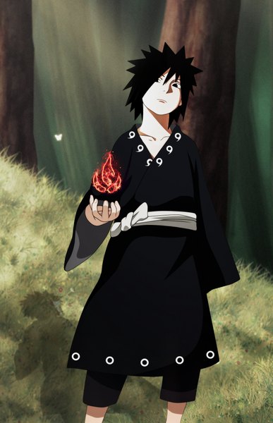 Anime picture 1262x1952 with naruto studio pierrot naruto (series) uchiha madara anvmadara single tall image short hair black hair looking away black eyes coloring boy bow plant (plants) tree (trees) fire forest