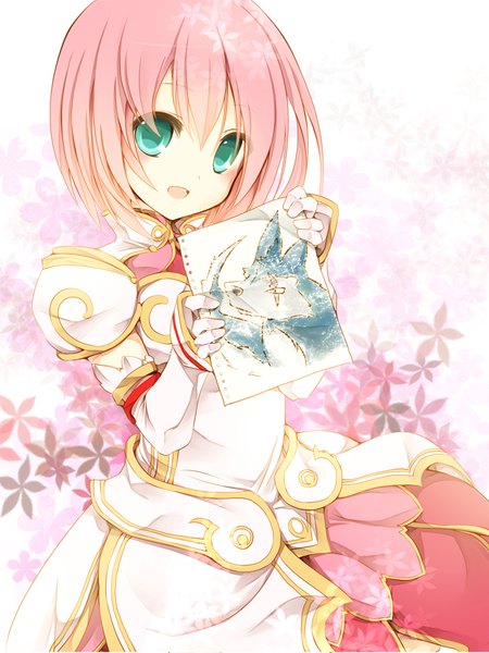Anime picture 658x878 with tales of (series) tales of vesperia estellise sidos heurassein repede yonema single tall image looking at viewer fringe short hair open mouth hair between eyes pink hair aqua eyes floral background drawing girl dress gloves white gloves