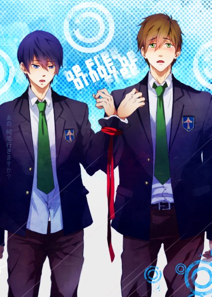 Anime picture 786x1100 with free! kyoto animation nanase haruka (free!) tachibana makoto saito yukihiro tall image blush short hair open mouth blue eyes brown hair green eyes blue hair inscription multiple boys hieroglyph bondage checkered background boy uniform