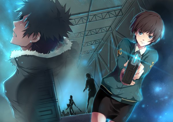 Anime picture 3507x2480 with psycho-pass production i.g kougami shin'ya tsunemori akane linjie looking at viewer highres short hair open mouth black hair standing brown eyes absurdres profile back girl boy skirt weapon jacket