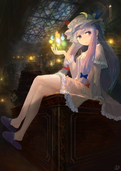 Anime picture 848x1200 with touhou koakuma you shimizu single long hair tall image looking at viewer blush sitting twintails pink hair bent knee (knees) indoors pink eyes crossed legs magic light crescent girl dress