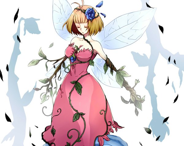 Anime picture 1024x819 with ao no exorcist a-1 pictures moriyama shiemi single short hair simple background blonde hair white background bare shoulders eyes closed hair flower girl dress hair ornament flower (flowers) petals wings leaf (leaves)