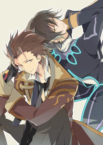Anime picture 700x979 with tales of (series) tales of xillia jude mathis alvin (tales of xillia) nic (kevin) tall image looking at viewer short hair simple background brown hair brown eyes from above grey background multiple boys back to back boy gloves 2 boys neckerchief