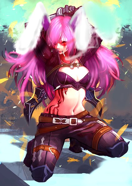 Anime picture 707x1000 with touhou league of legends reisen udongein inaba katarina (league of legends) yuudai (oromizu) single long hair tall image looking at viewer fringe breasts red eyes sitting animal ears pink hair hair over one eye arms up bare belly tattoo bunny ears