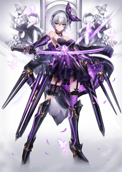 Anime picture 992x1403 with original t-track (artist) single tall image looking at viewer blush fringe short hair breasts hair between eyes standing purple eyes bare shoulders holding cleavage full body parted lips grey hair outstretched arm mecha musume