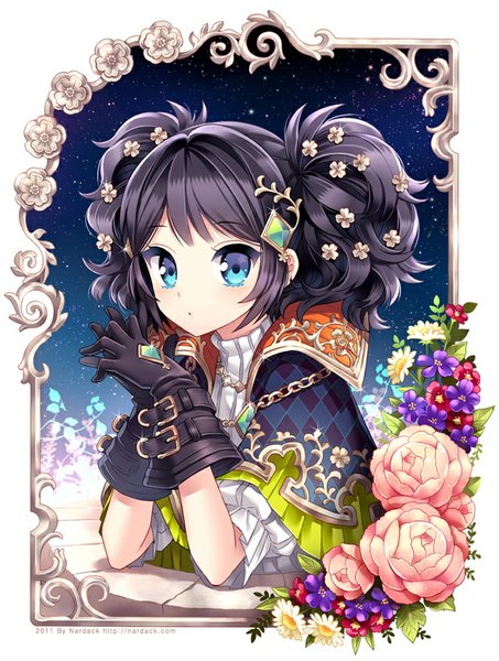 Anime picture 642x850 with original nardack single tall image looking at viewer short hair blue eyes black hair girl dress gloves hair ornament flower (flowers) black gloves