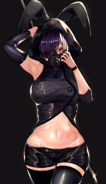 Anime picture 1150x2000 with original shiodango single tall image looking at viewer fringe short hair breasts light erotic simple background standing purple eyes animal ears purple hair hair over one eye armpit (armpits) bunny ears zettai ryouiki thigh gap black background