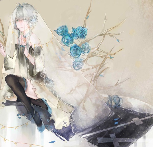 Anime picture 1476x1417 with vocaloid vocaloid china luo tianyi lightsatan single long hair smile green eyes grey hair girl thighhighs dress hair ornament flower (flowers) black thighhighs detached sleeves petals headphones blue rose