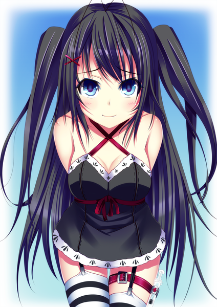 Anime picture 848x1200 with original kazane kirito single long hair tall image looking at viewer blush blue eyes black hair twintails girl thighhighs dress striped thighhighs syringe