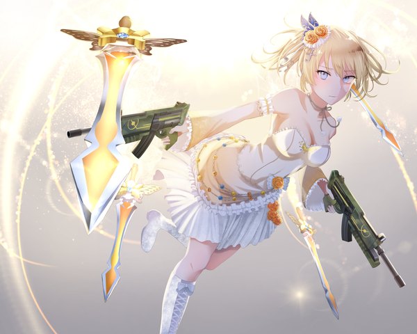 Anime picture 1125x900 with battle girl high school kougami kanon ravejaeger single looking at viewer blush fringe short hair breasts blue eyes light erotic blonde hair large breasts standing bare shoulders holding cleavage bent knee (knees) pleated skirt hair flower