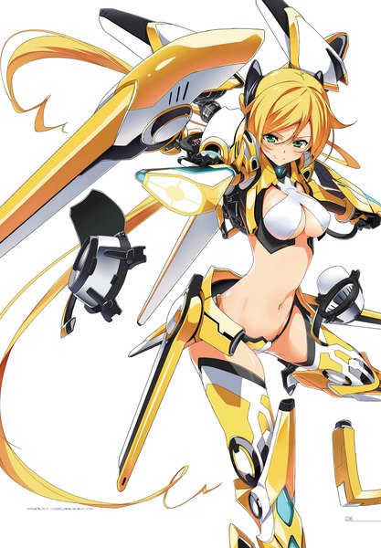 Anime picture 1424x2048 with ore twintail ni narimasu production ims tail yellow shindou erina kasuga ayumu (haruhipo) single tall image looking at viewer blush fringe breasts light erotic simple background blonde hair smile hair between eyes large breasts white background twintails green eyes