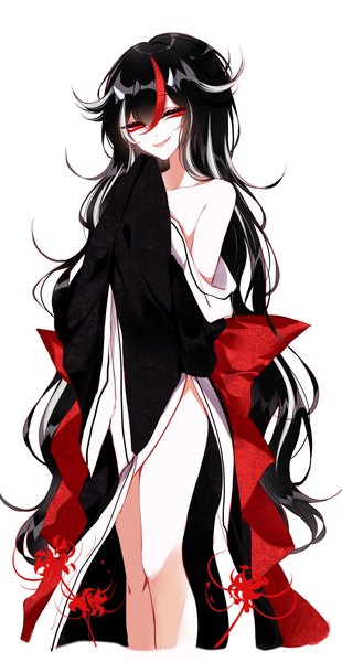 Anime picture 1500x2900 with touhou kijin seija sheya single tall image looking at viewer fringe open mouth light erotic black hair simple background smile hair between eyes red eyes white background long sleeves very long hair traditional clothes head tilt japanese clothes