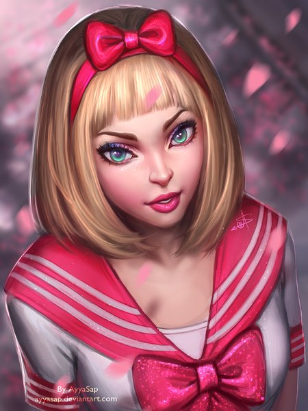 Anime picture 1536x2048 with ayyasap single tall image fringe short hair blonde hair green eyes lips realistic lipstick pink lipstick girl bow hair bow clothes