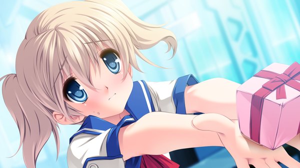 Anime picture 1280x720 with dolphin divers yashio riho senomoto hisashi short hair blue eyes wide image twintails game cg white hair loli short twintails girl uniform school uniform gift
