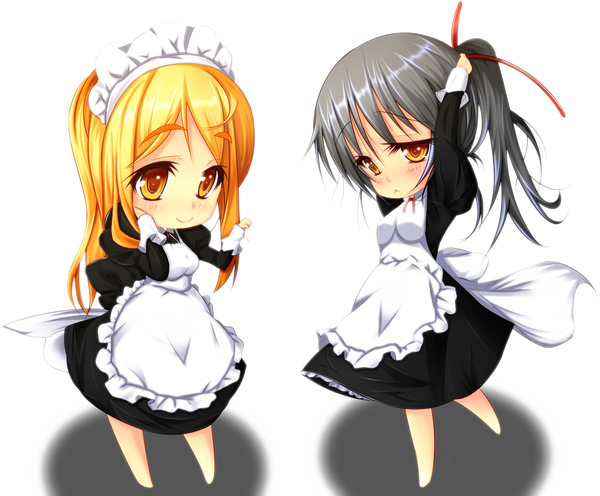 Anime picture 1886x1561 with k-on! kyoto animation akiyama mio kotobuki tsumugi kawasumi (artist) blush highres black hair simple background blonde hair white background yellow eyes ponytail maid chibi headdress maid headdress apron