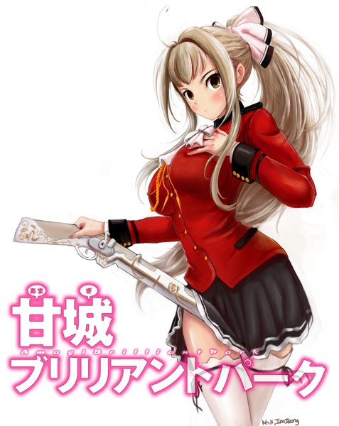 Anime picture 1131x1422 with amagi brilliant park kyoto animation sento isuzu jih639 single long hair tall image looking at viewer blush fringe breasts light erotic blonde hair simple background large breasts standing white background holding ahoge ponytail