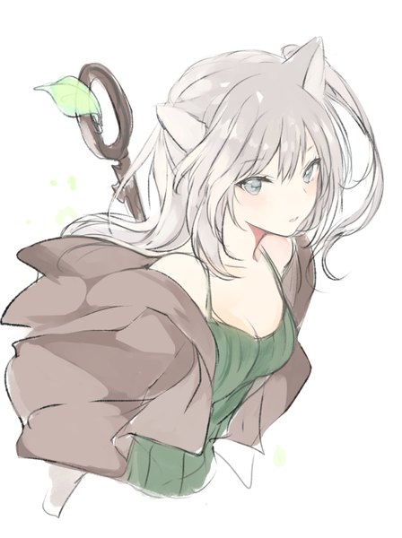Anime picture 700x936 with original lpip single long hair tall image looking at viewer blush fringe simple background hair between eyes white background bare shoulders silver hair upper body parted lips side ponytail silver eyes revision girl leaf (leaves)