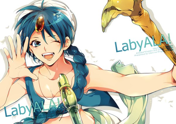 Anime picture 1272x896 with magi the labyrinth of magic a-1 pictures aladdin (magi) nakajyo single long hair blush open mouth blue eyes blue hair one eye closed wink inscription single braid boy headdress jewelry bandage (bandages) staff arabian clothes