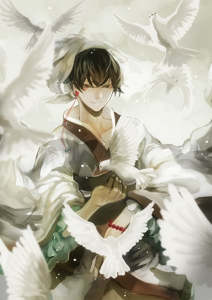 Anime picture 800x1132 with hoozuki no reitetsu wit studio hakutaku (hoozuki no reitetsu) ihiro single tall image fringe short hair black hair smile traditional clothes japanese clothes fingernails wide sleeves outstretched arm boy animal bracelet bird (birds) beads