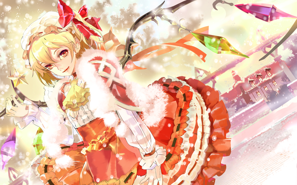 Anime picture 1600x1000 with touhou flandre scarlet 119 single looking at viewer short hair blonde hair smile red eyes wide image dutch angle snowing christmas winter snow girl dress wings star (symbol) bonnet