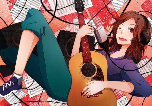 Anime picture 1500x1049 with original brownque (artist) single long hair looking at viewer open mouth smile brown hair brown eyes one eye closed wink reclining girl boots headphones microphone wire (wires) guitar musical note speakers