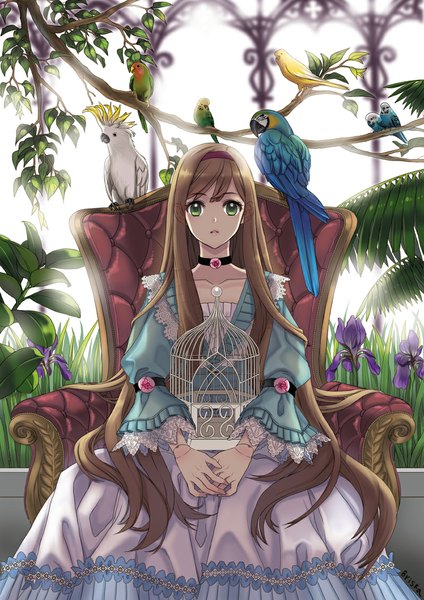 Anime picture 800x1132 with original briska single long hair tall image looking at viewer fringe brown hair sitting green eyes lips sunlight lipstick victorian girl dress flower (flowers) ribbon (ribbons) plant (plants) animal