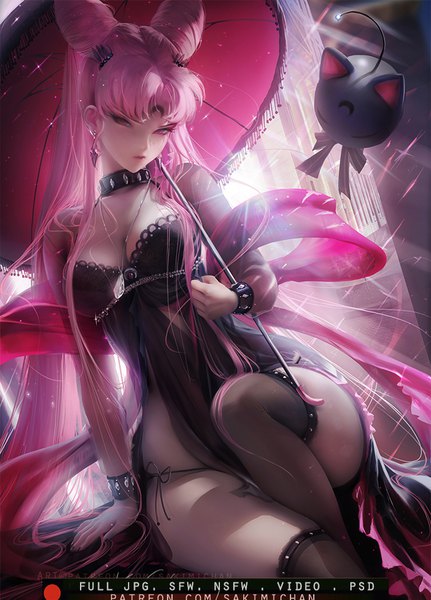 Anime picture 684x952 with bishoujo senshi sailor moon toei animation chibiusa black lady luna p sakimichan single long hair tall image looking at viewer fringe breasts light erotic sitting holding pink hair cleavage bent knee (knees) nail polish parted lips