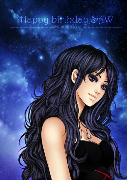 Anime picture 600x848 with original m-aelis single long hair tall image bare shoulders purple hair black eyes sleeveless happy birthday girl choker pendant