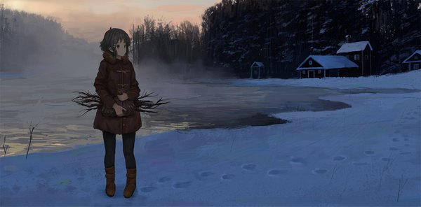 Anime picture 1700x841 with original ame sagari single short hair black hair wide image brown eyes looking away full body outdoors winter snow fog lake footprints girl plant (plants) pantyhose tree (trees) black pantyhose