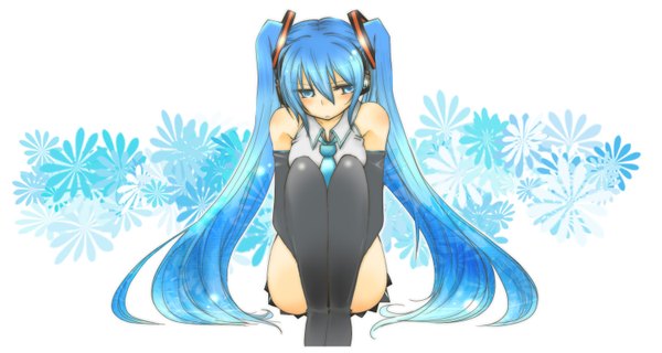 Anime picture 1500x800 with vocaloid hatsune miku sakana (pixiv) long hair blush blue eyes wide image sitting twintails bare shoulders blue hair girl thighhighs black thighhighs