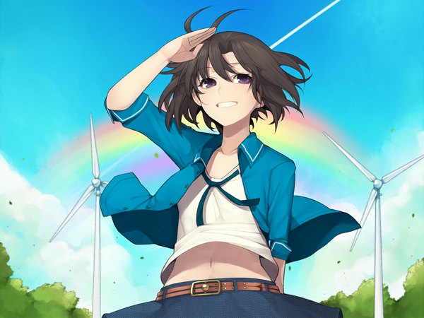 Anime picture 1000x750 with idolmaster kikuchi makoto hitoto single short hair black hair smile purple eyes sky girl skirt navel jacket belt rainbow wind turbine