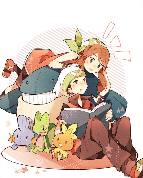 Anime picture 800x1000 with pokemon pokemon rse nintendo may (pokemon) mudkip torchic ruby (pokemon) treecko wailmer yuuki (pokemon) fuuko (2679566944) long hair tall image blush short hair open mouth blue eyes red eyes brown hair white background