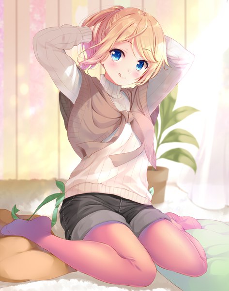 Anime picture 887x1125 with original komone ushio single tall image looking at viewer blush fringe short hair blue eyes blonde hair sitting full body ponytail indoors long sleeves wariza arms behind head girl ribbon (ribbons) plant (plants)