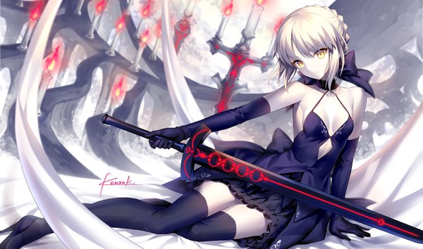 Anime picture 1355x800 with fate (series) fate/grand order fate/stay night artoria pendragon (all) saber saber alter kousaki rui single short hair light erotic wide image yellow eyes white hair girl thighhighs dress gloves weapon black thighhighs sword