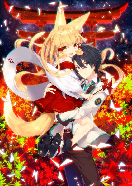 Anime picture 1447x2046 with original yusano long hair tall image fringe short hair open mouth blue eyes black hair blonde hair smile standing sitting twintails animal ears yellow eyes tail animal tail hug fox ears