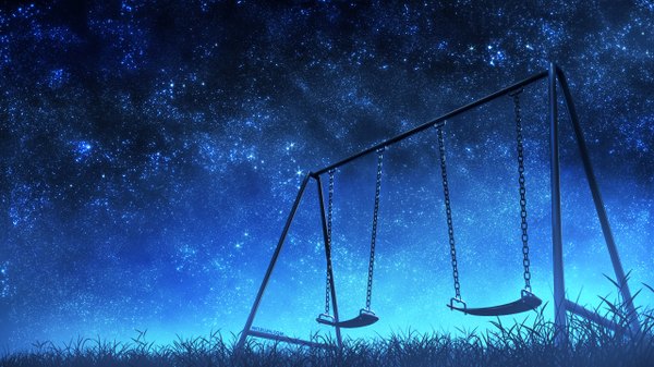 Anime picture 1280x720 with original mclelun wide image night from below night sky no people constellation plant (plants) star (stars) grass swing