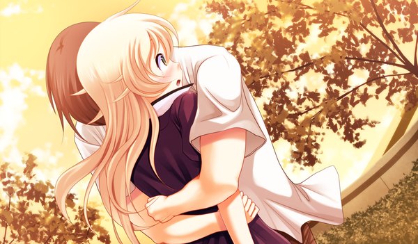 Anime picture 1024x600 with kono sekai no mukou de long hair blush open mouth blonde hair wide image green eyes game cg couple hug girl boy