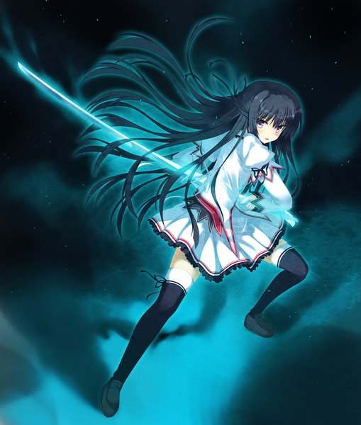 Anime picture 1280x1509 with koiken otome minato shiho single long hair tall image looking at viewer black hair purple eyes game cg dark background girl thighhighs dress uniform weapon black thighhighs school uniform sword katana