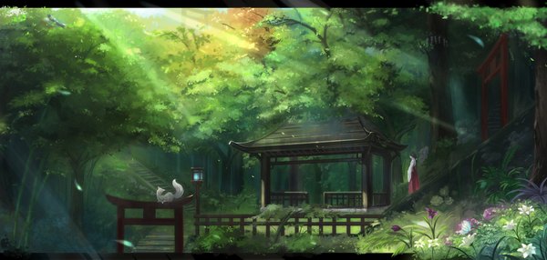 Anime picture 1900x907 with original kikivi long hair highres black hair wide image traditional clothes japanese clothes miko landscape girl flower (flowers) plant (plants) animal tree (trees) torii fox