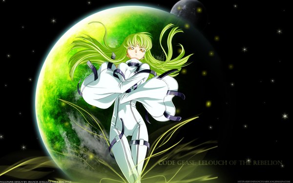 Anime picture 1920x1200 with code geass sunrise (studio) c.c. single long hair looking at viewer fringe highres wide image standing yellow eyes green hair girl moon star (stars)