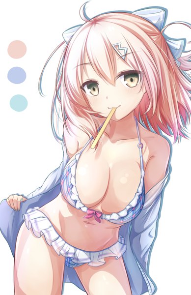 Anime picture 1265x1949 with fate (series) fate/grand order okita souji (fate) (all) okita souji (koha-ace) jiang xin single tall image looking at viewer fringe short hair breasts light erotic simple background blonde hair hair between eyes large breasts standing white background bare shoulders holding